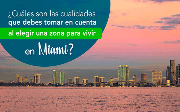 Skyline de Miami al atardecer reflejado en la bahia - cualidades para elegir una zona donde vivir en Miami