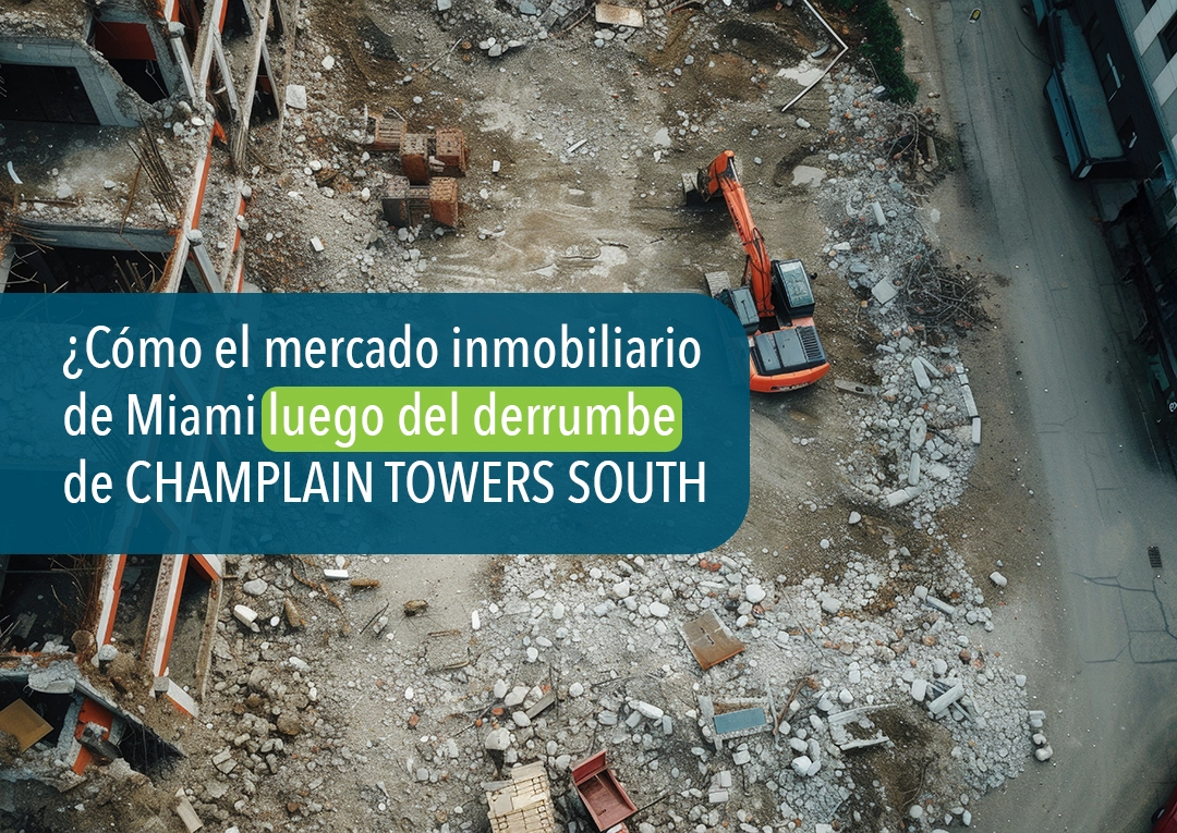 Excavadora en escombros del Champlain Tower - mercado inmobiliario de Miami luego del derrumbe de Champlain Towers South
