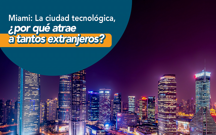 Skyline de ciudad tecnologica de noche con luces neon - Miami ciudad tecnologica que atrae a extranjeros