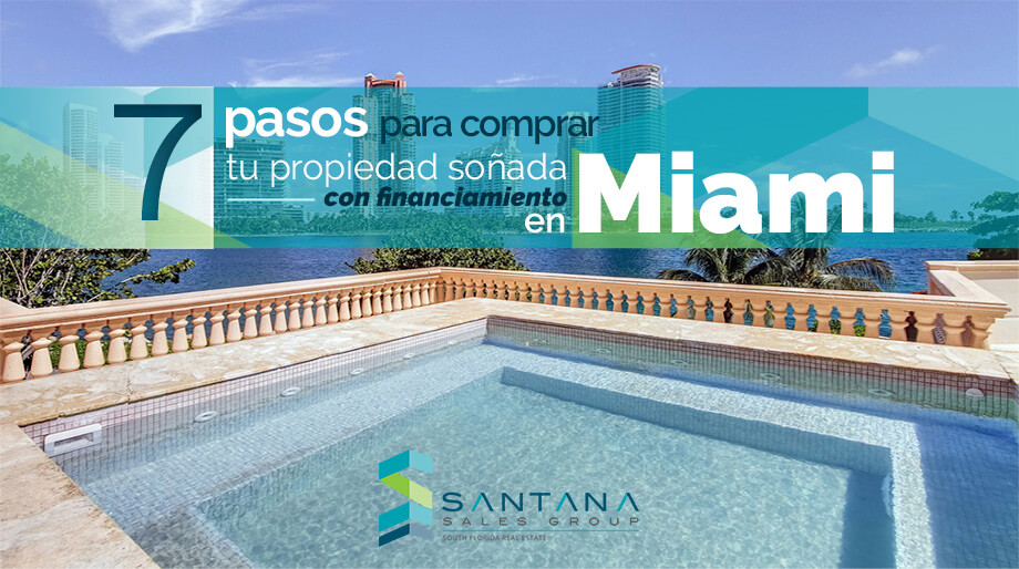 Piscina con balaustrada y vista al mar de Miami representando pasos para comprar propiedad sonada con financiamiento