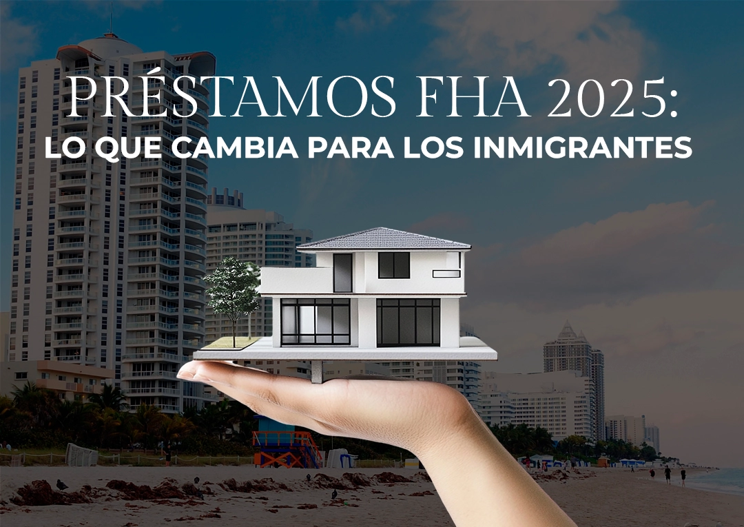 Mano sosteniendo casa en miniatura frente al skyline de Miami - prestamos FHA 2025 cambios para inmigrantes