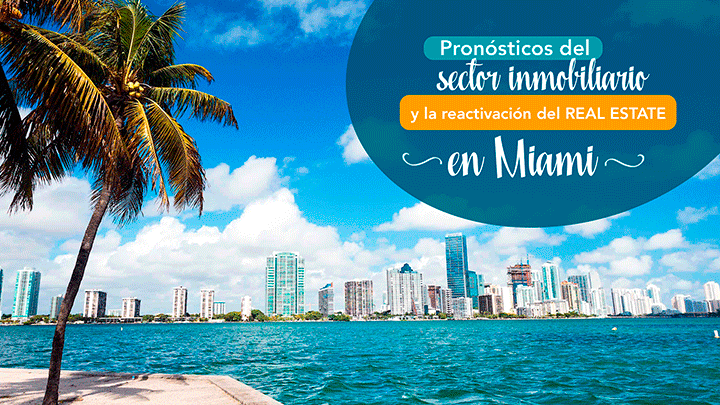 Vista aerea del skyline de Miami con palmeras representando pronosticos del sector inmobiliario y reactivacion del real estate