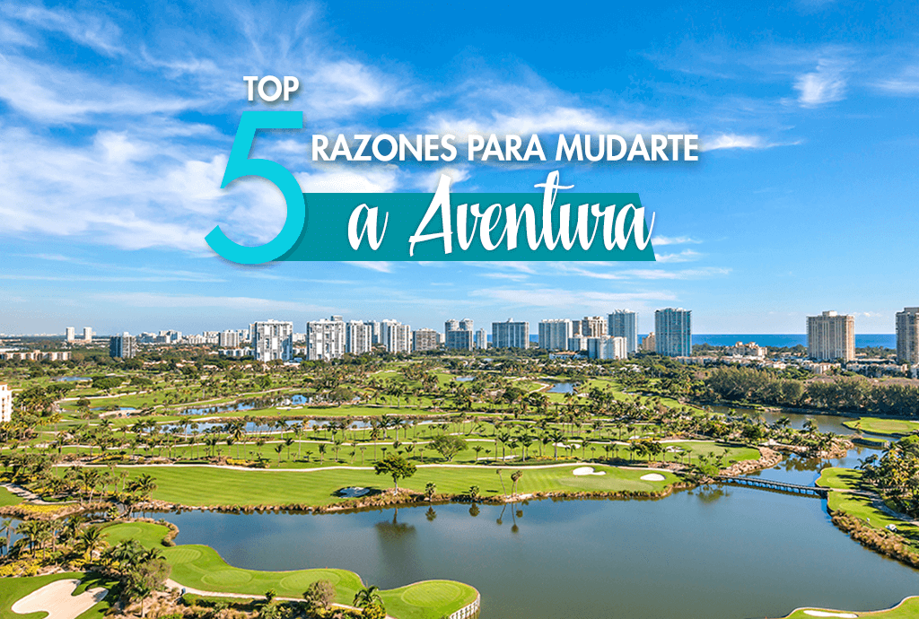Vista aerea de Aventura Florida con campo de golf y edificios representando razones para mudarse a esta ciudad