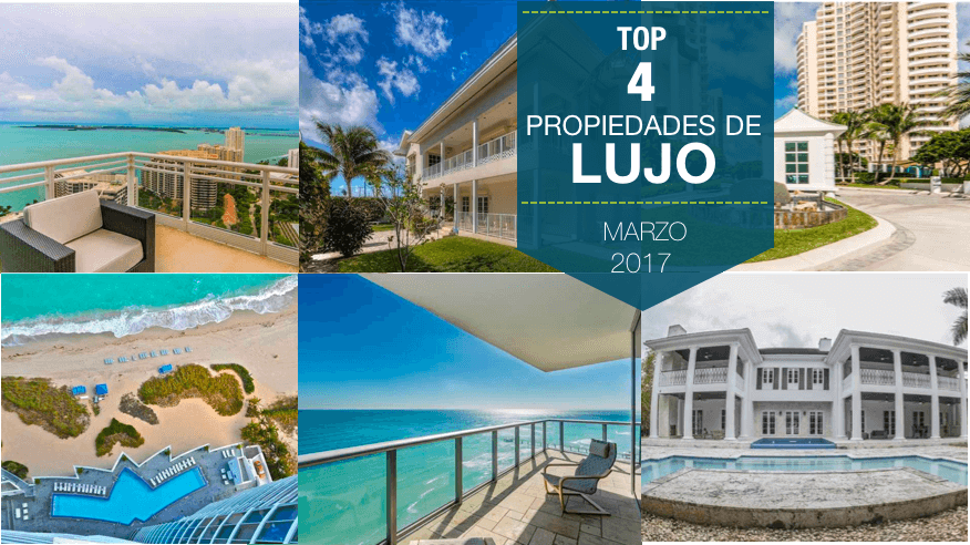 Collage de cuatro propiedades de lujo en Miami representando el top de propiedades destacadas de marzo 2017